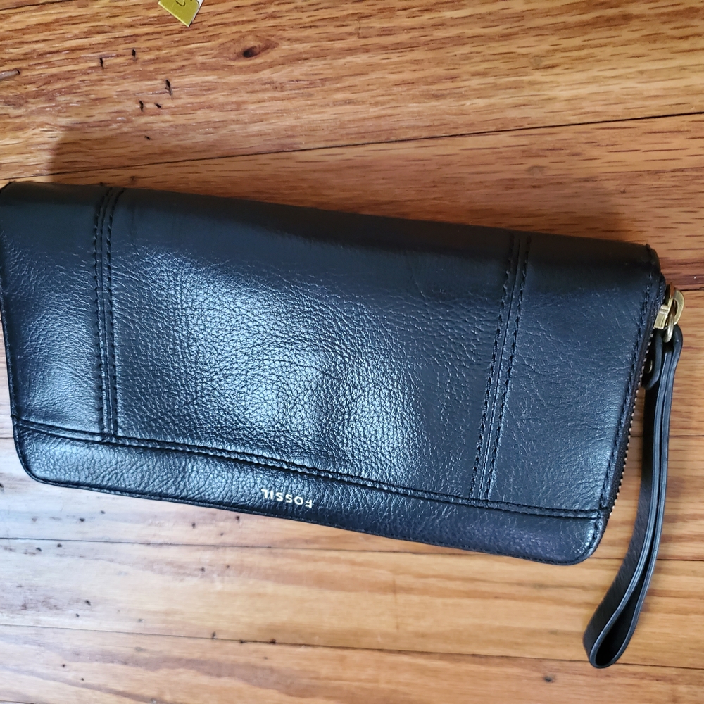 Fossil  Jori Zip Around Midnight Navy Looks Black Leather Wallet Clutch Travel - Picture 3 of 15